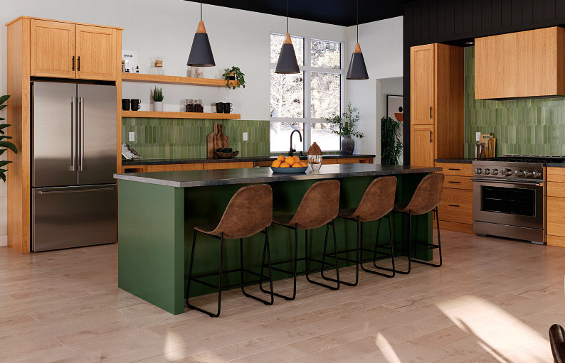 Modern-lodge kitchen with a honey-toned wood perimeter, a matching hood and full-height pantry columns, and a long forest-green island with a built-in oven, against black-panelled walls and ceiling